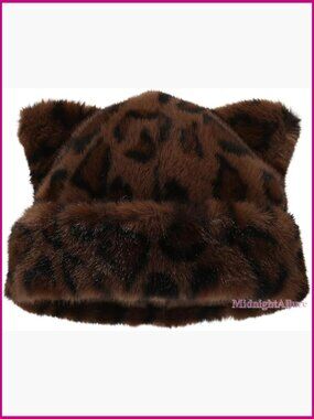 Faux Fur Cat Ears Beanie Hat, Winter Warm Fluffy Leopard Print Cap